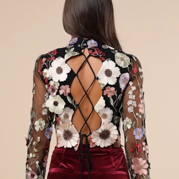 Lulu's Black Sheer Top with Floral Embroidery - Picture 3 of 5
